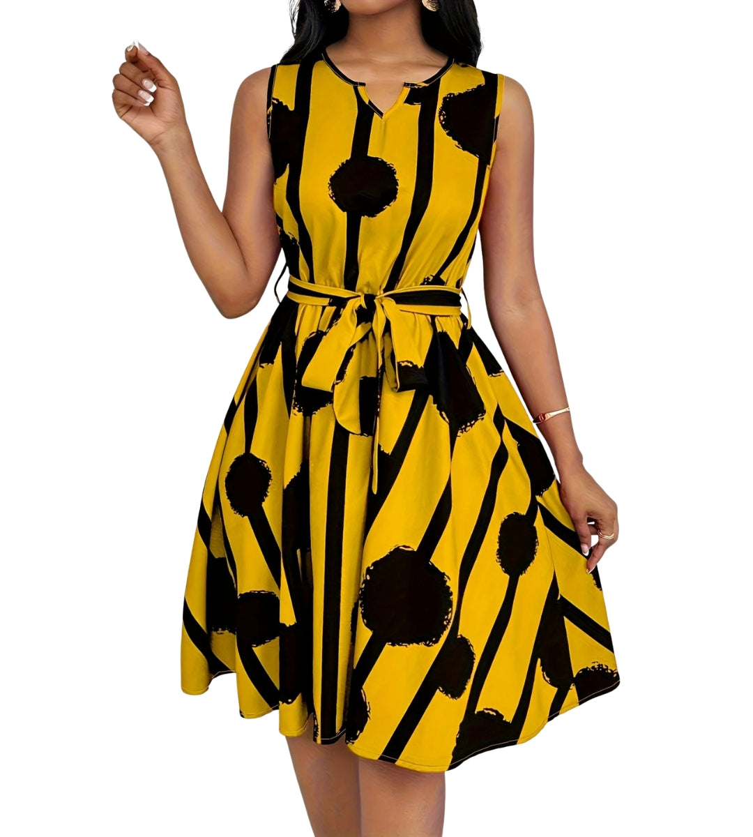 Vestido Feminino Midi Estampado Amarelo com Faixa Ajustável