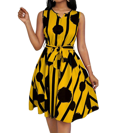 Vestido Feminino Midi Estampado Amarelo com Faixa Ajustável