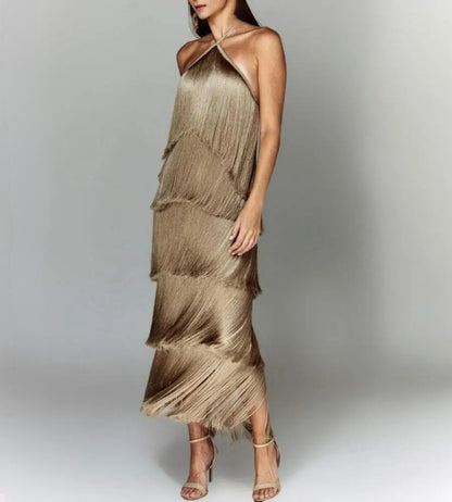 Vestido Longo Franjas Douradas Decote Halter Elegance