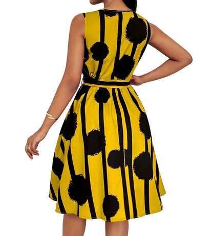 Vestido Feminino Midi Estampado Amarelo com Faixa Ajustável