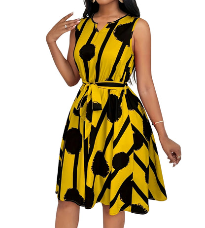 Vestido Feminino Midi Estampado Amarelo com Faixa Ajustável
